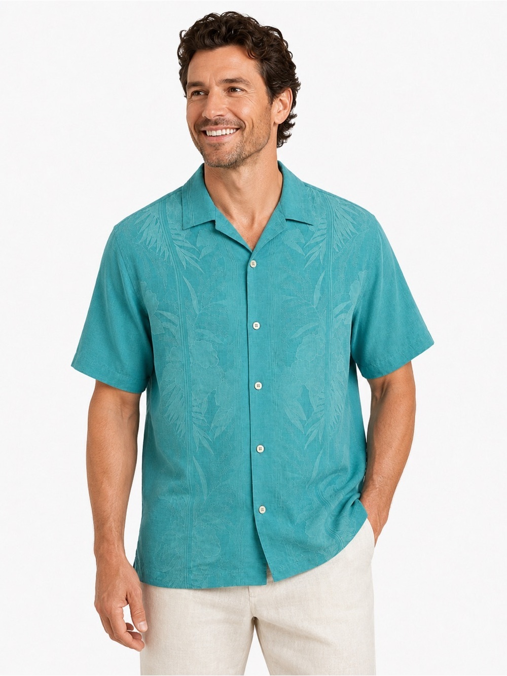 Tommy Bahama Men’s L 100% Silk Camp Shirt Teal Blue Floral Jacquard